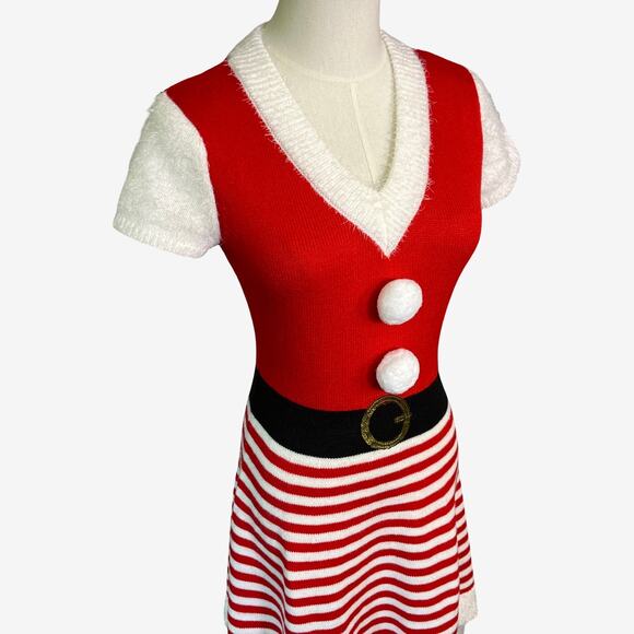 Planet Heart M Santa Sweater Dress Red White Striped Holiday Costume Pom Pom - Picture 2 of 7